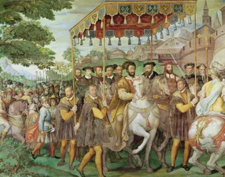 Der feierliche Einzug von Kaiser Karl V. (1500-58), Franz I. (1494-1547) und Alessandro Farnese (1546-92) nach Paris im Jahr 1540, aus der 